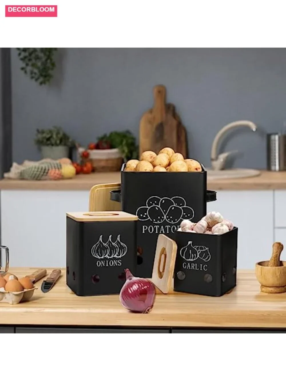 3 Pack Vegetable Storage Tins with Bamboo Lids, Potato Onion Garlic Canisters,